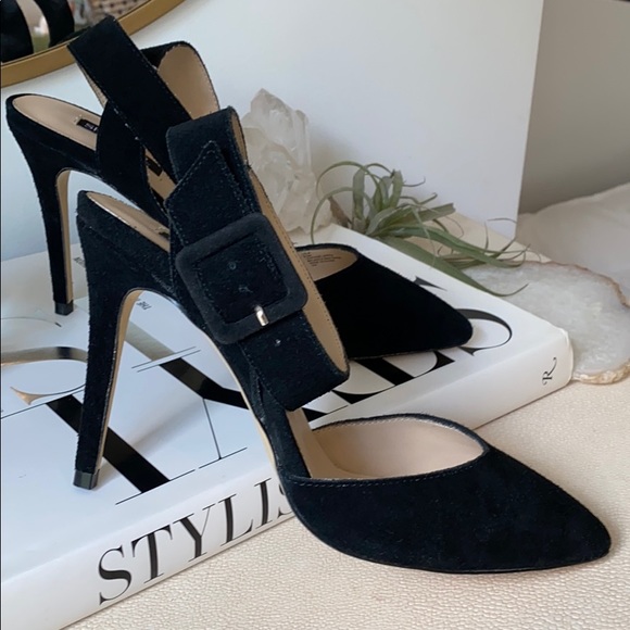 Lola Black Suede Buckle Pumps - Picture 2 of 12